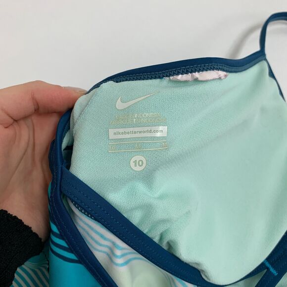 Nike Tankini Womens 10 Blue Green Striped Lightly Padded Moisture Wick UPF - Picture 8 of 11